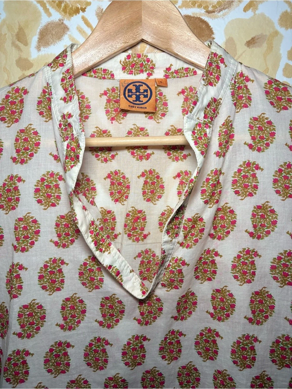 Tory Burch Floral Print Tunic Blouse White Pink 3/4 Sleeve Boho Preppy Top